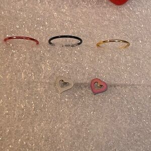 Nose Rings- 5 nose rings, the hearts are stainless steel
